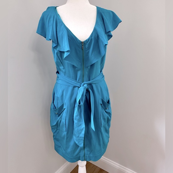 BEBE Dresses & Skirts - BEBE beautiful bold blue sleeveless silk mini dress Ruffle trim & Belted Size M